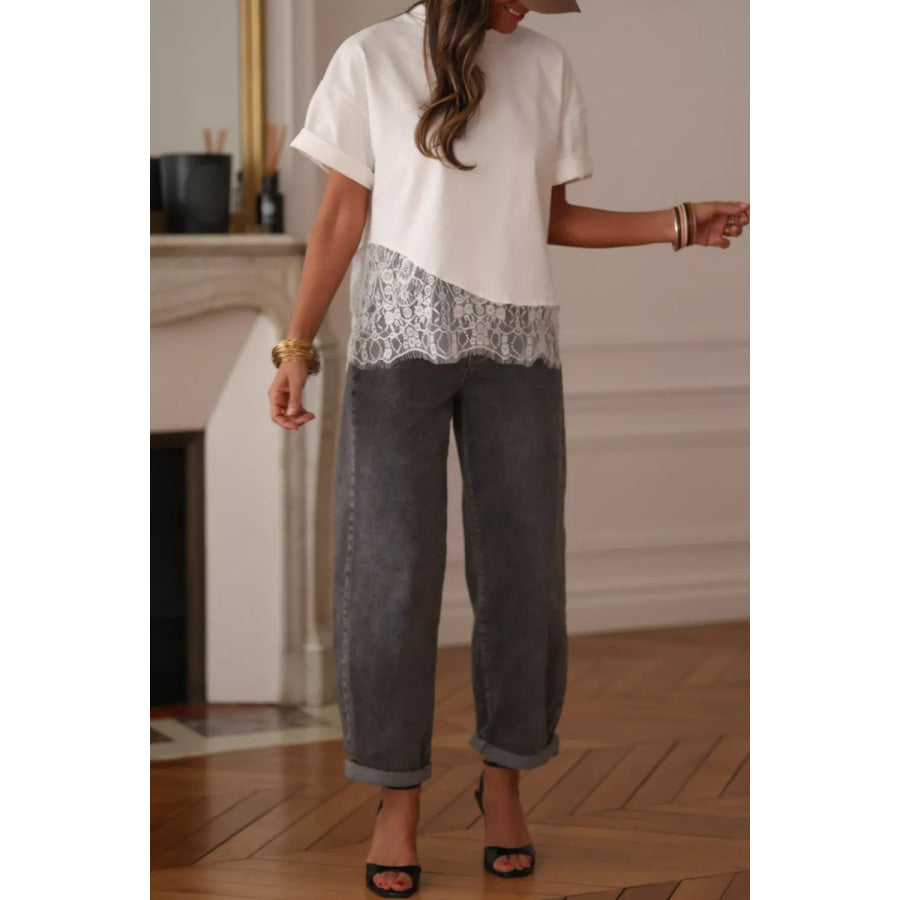 Asymmetric Lace Hem Patchwork Tee Apparel and Accessories