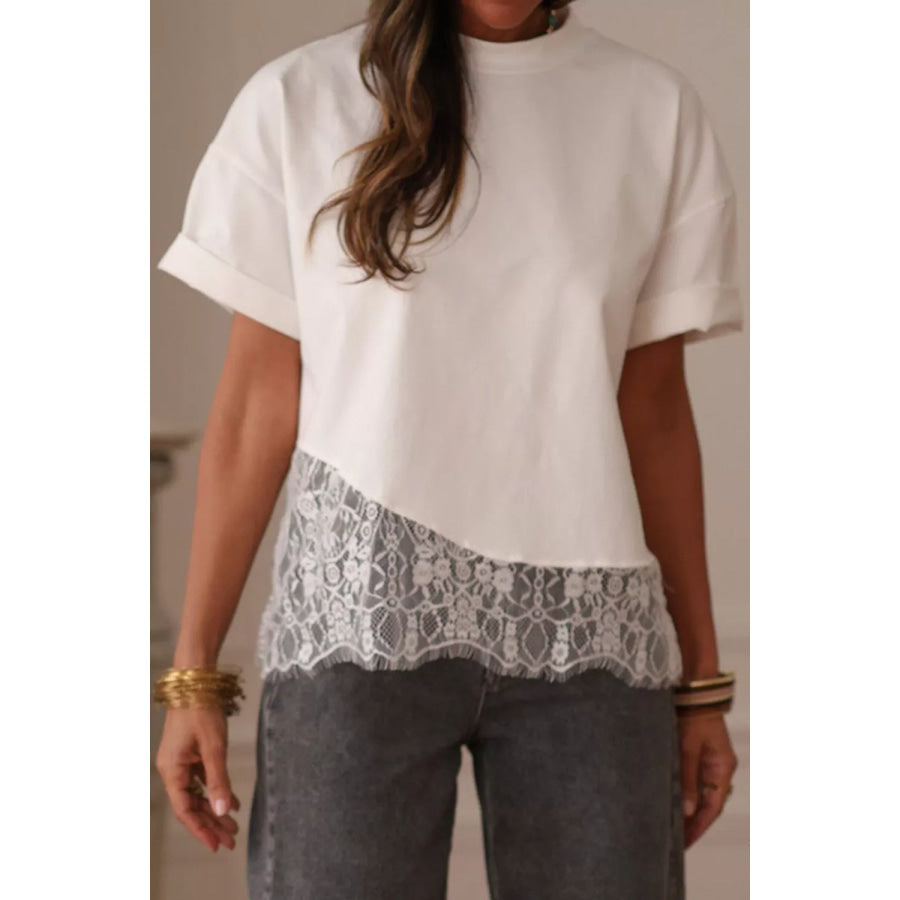 Asymmetric Lace Hem Patchwork Tee White / S Apparel and Accessories
