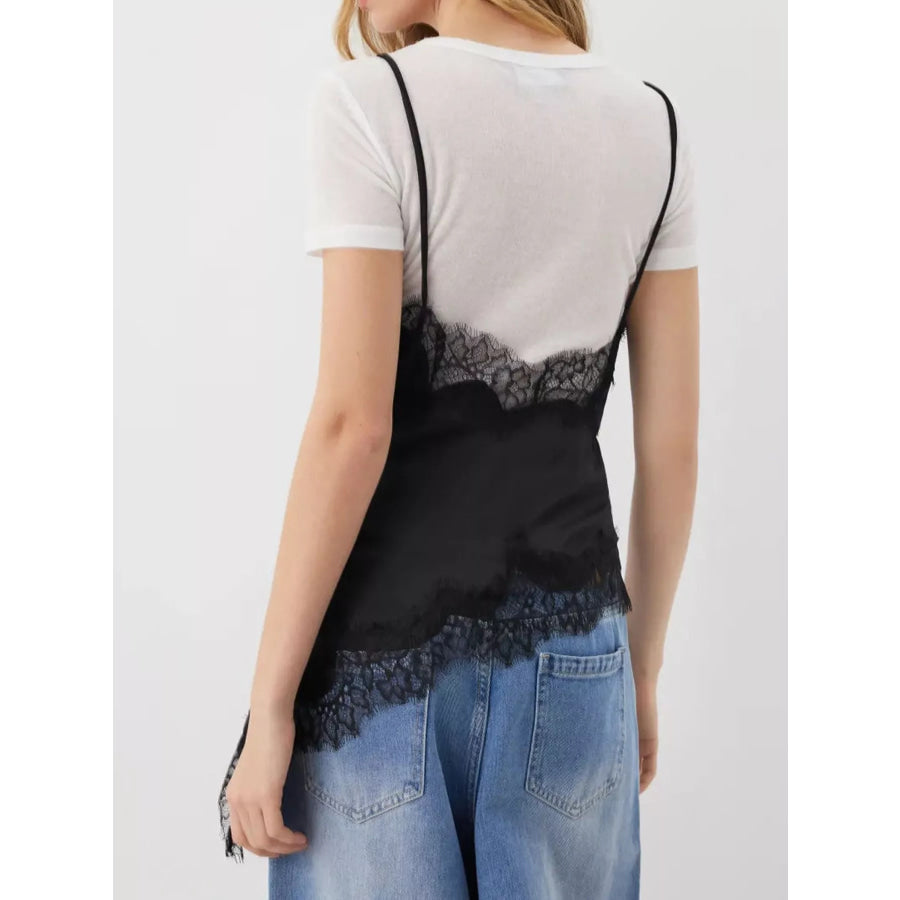 Asymmetric Lace Trim Satin Cami Apparel and Accessories