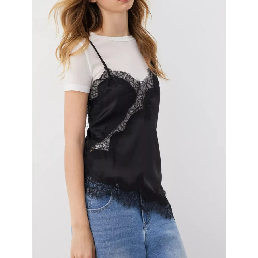 Asymmetric Lace Trim Satin Cami Apparel and Accessories