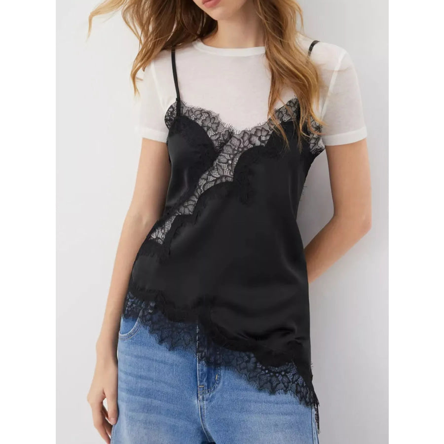 Asymmetric Lace Trim Satin Cami Black / XS Apparel and Accessories