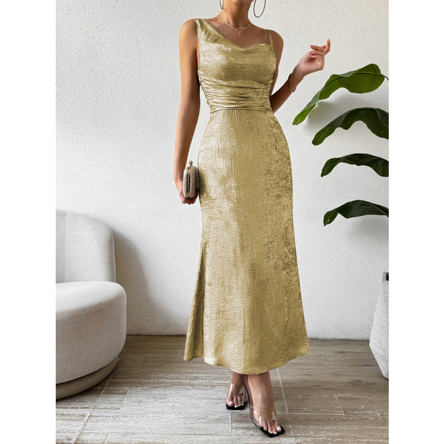 Asymmetric Neck Sleeveless Midi Dress Apparel and Accessories