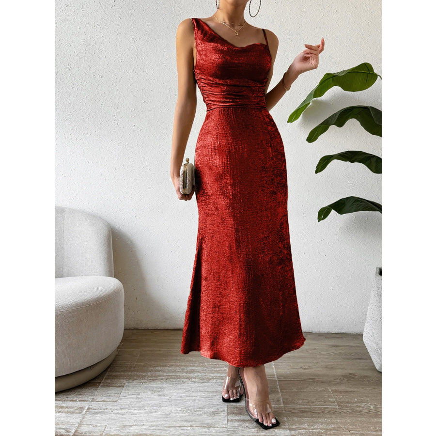 Asymmetric Neck Sleeveless Midi Dress Burgundy / S Apparel and Accessories