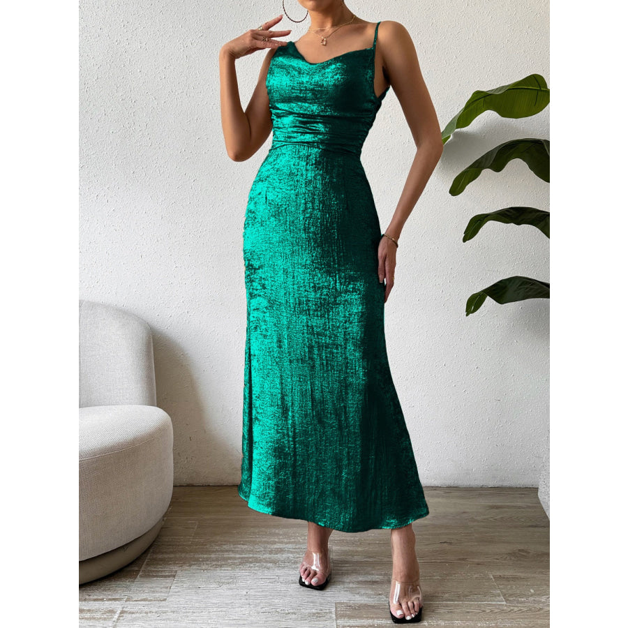 Asymmetric Neck Sleeveless Midi Dress Dark Green / S Apparel and Accessories