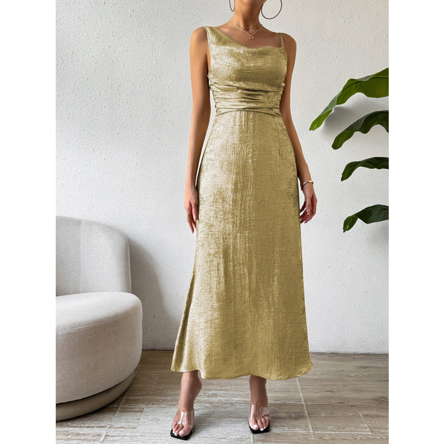 Asymmetric Neck Sleeveless Midi Dress Yellow-Green / S Apparel and Accessories