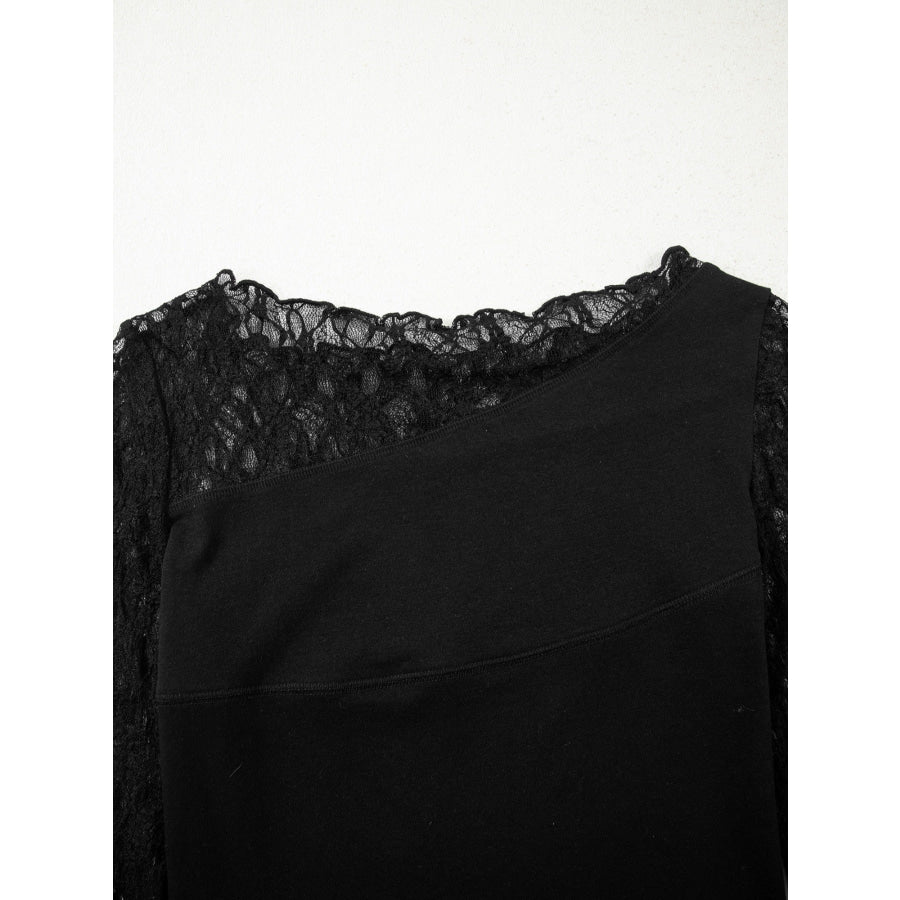 Asymmetric Panels Sheer Floral Lace Patchwork Long Sleeve Top Apparel and Accessories