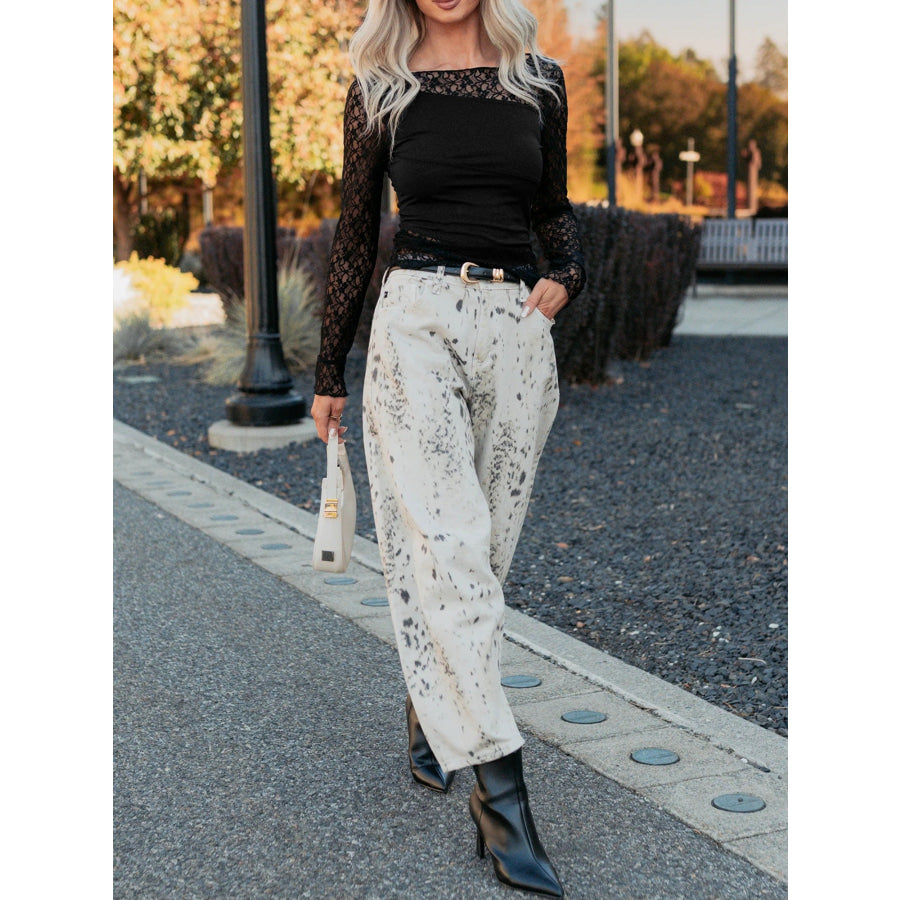 Asymmetric Panels Sheer Floral Lace Patchwork Long Sleeve Top Apparel and Accessories