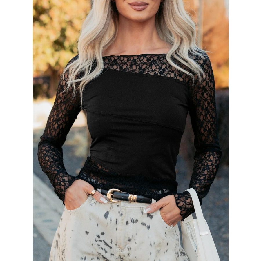 Asymmetric Panels Sheer Floral Lace Patchwork Long Sleeve Top Apparel and Accessories