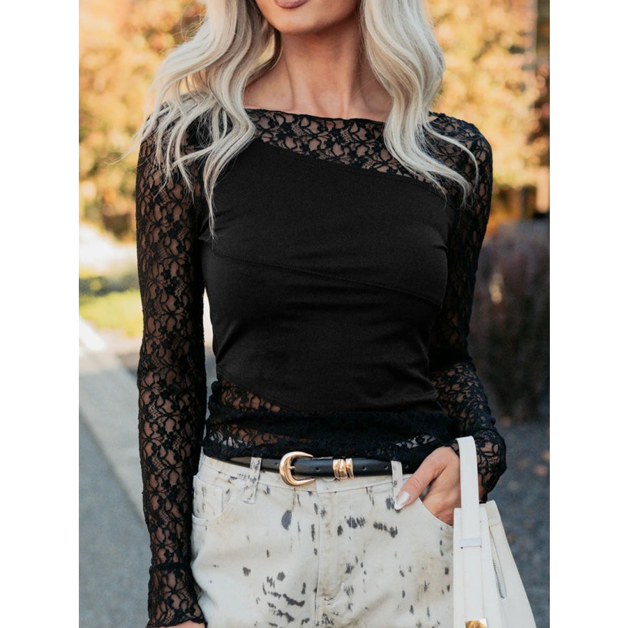 Asymmetric Panels Sheer Floral Lace Patchwork Long Sleeve Top Apparel and Accessories