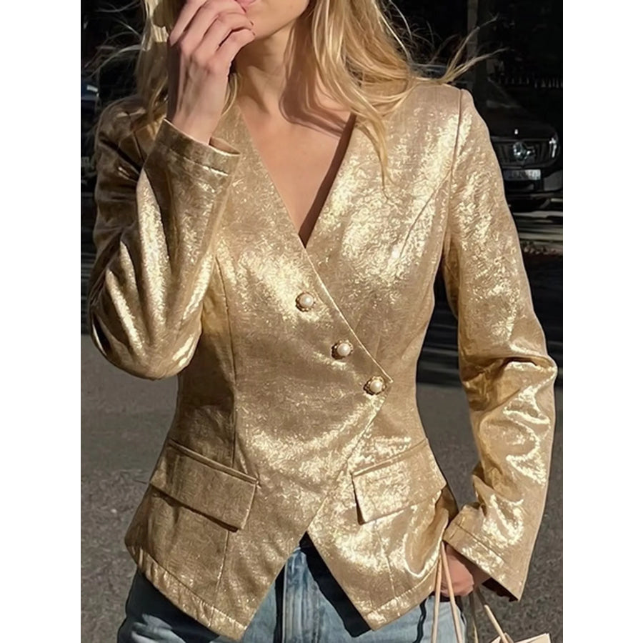Asymmetric Pearl-Button Blazer Gold / S Apparel and Accessories