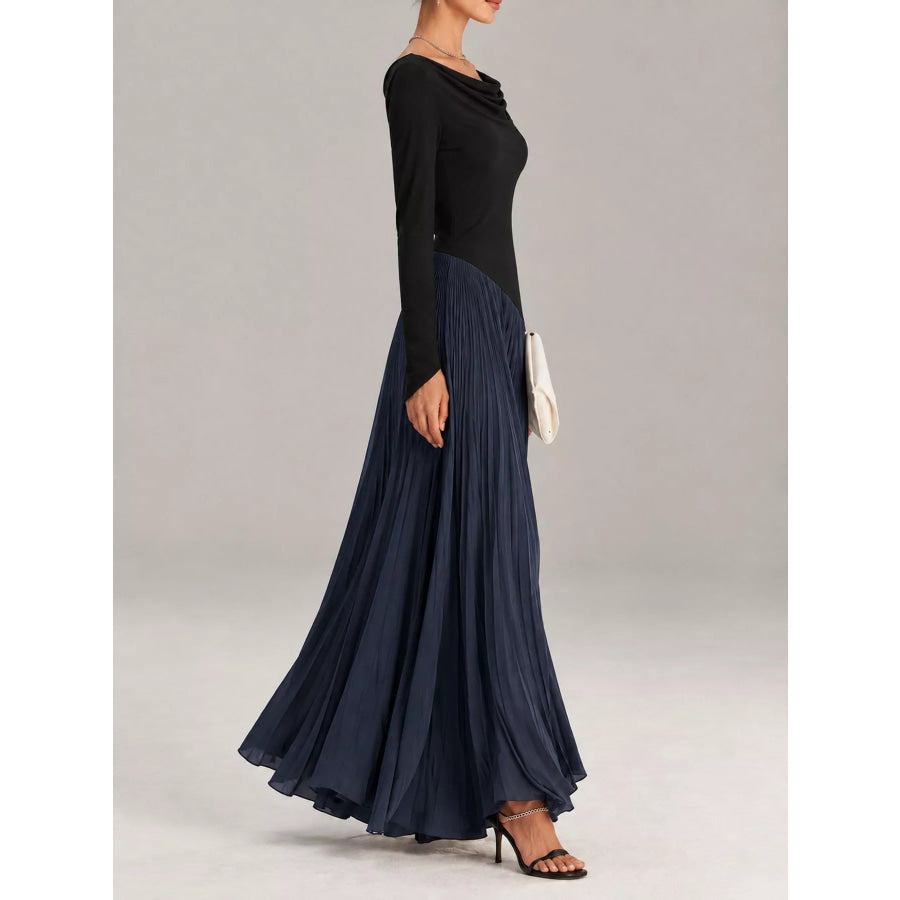 Asymmetric Pleated Boat Neck Maxi Dress Apparel and Accessories