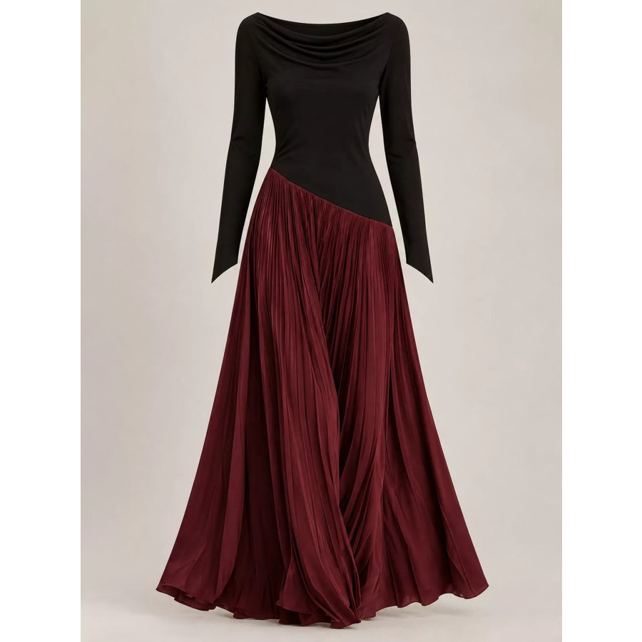 Asymmetric Pleated Boat Neck Maxi Dress Apparel and Accessories