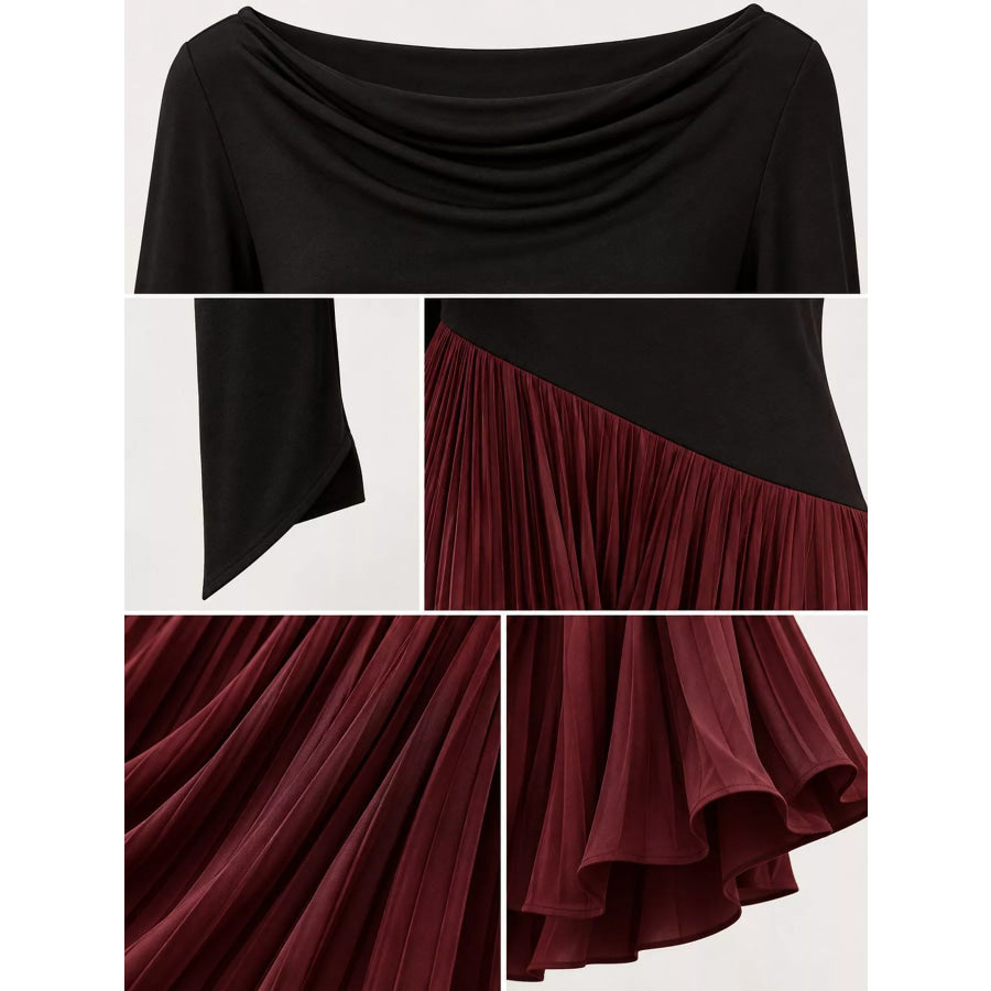 Asymmetric Pleated Boat Neck Maxi Dress Apparel and Accessories