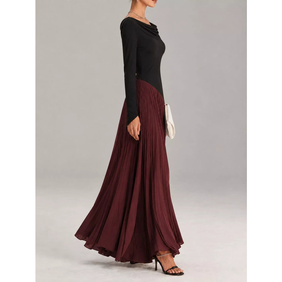 Asymmetric Pleated Boat Neck Maxi Dress Apparel and Accessories