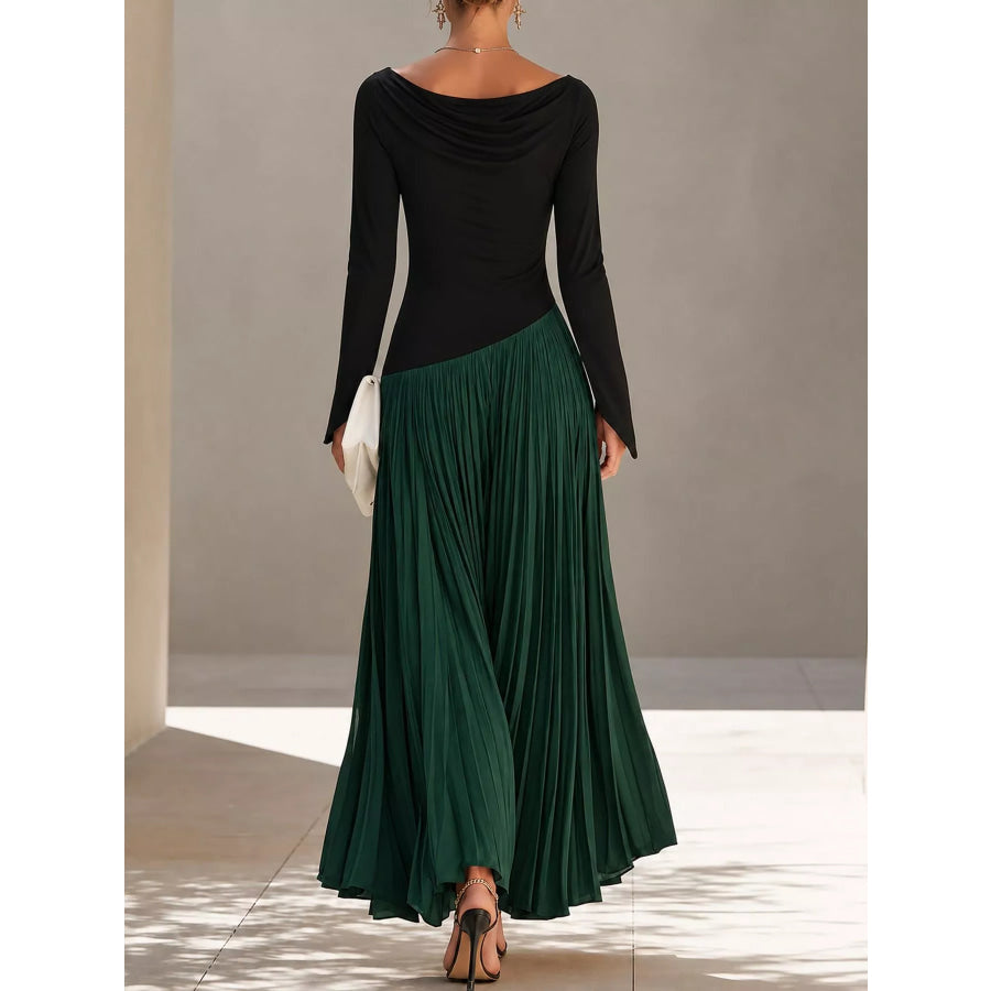 Asymmetric Pleated Boat Neck Maxi Dress Apparel and Accessories