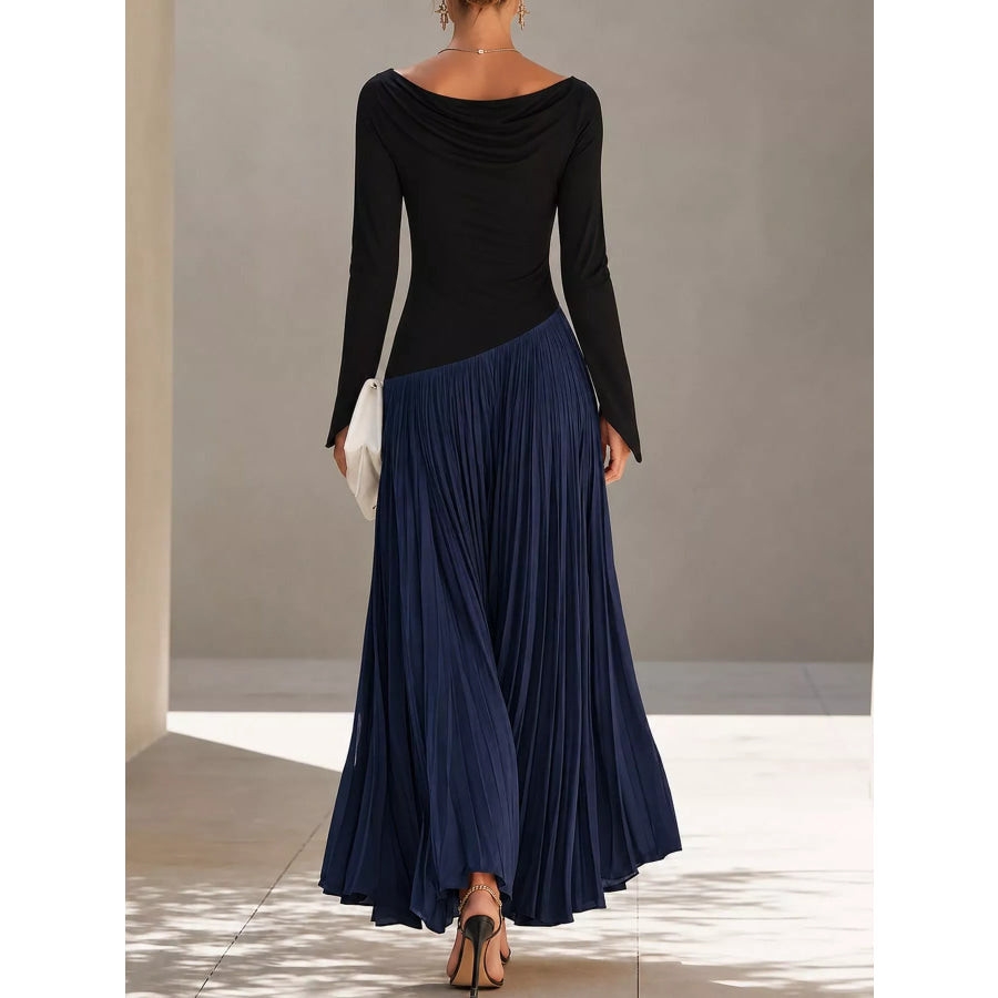 Asymmetric Pleated Boat Neck Maxi Dress Apparel and Accessories