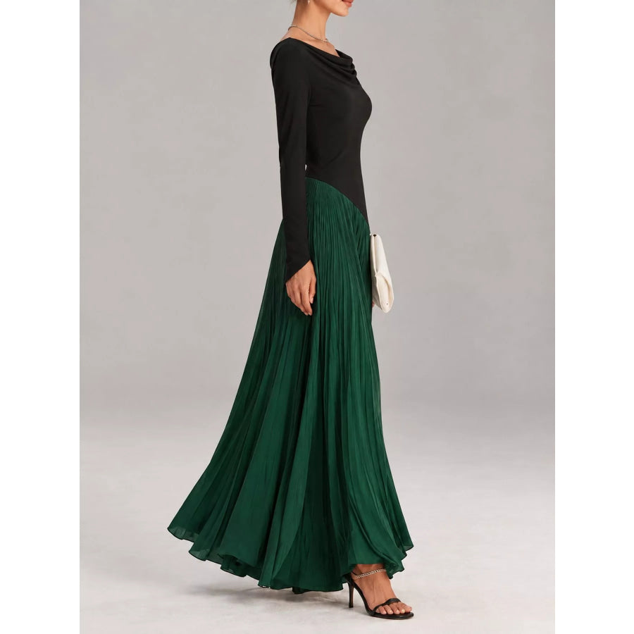 Asymmetric Pleated Boat Neck Maxi Dress Apparel and Accessories