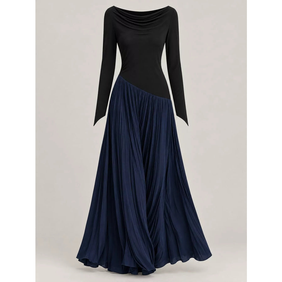 Asymmetric Pleated Boat Neck Maxi Dress Apparel and Accessories