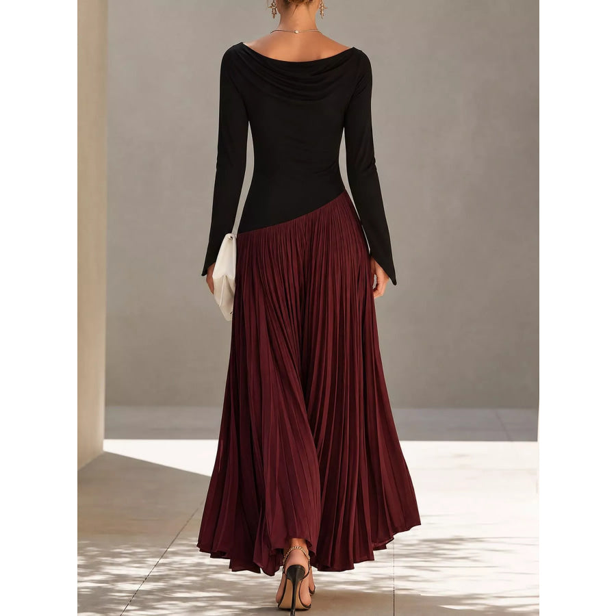 Asymmetric Pleated Boat Neck Maxi Dress Apparel and Accessories