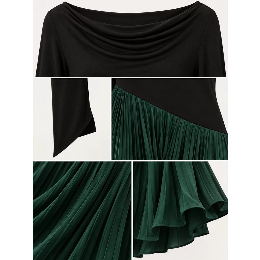 Asymmetric Pleated Boat Neck Maxi Dress Apparel and Accessories