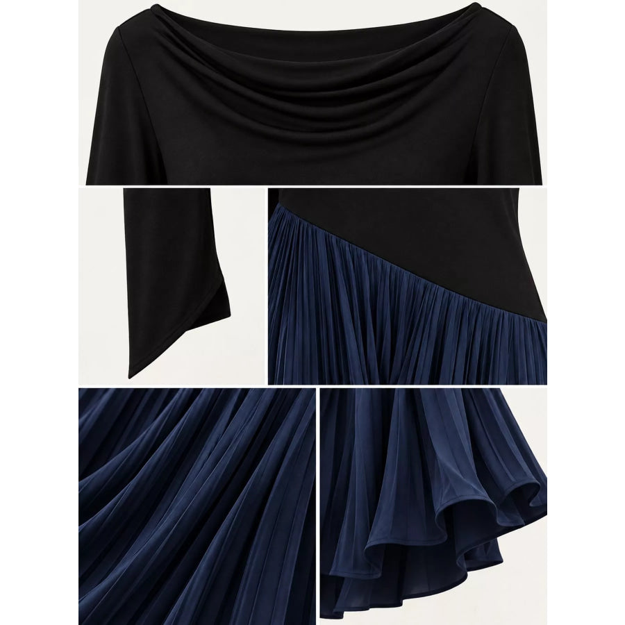 Asymmetric Pleated Boat Neck Maxi Dress Apparel and Accessories