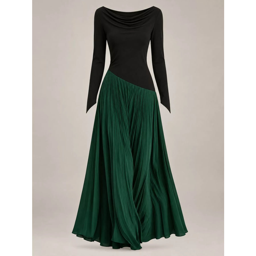 Asymmetric Pleated Boat Neck Maxi Dress Apparel and Accessories