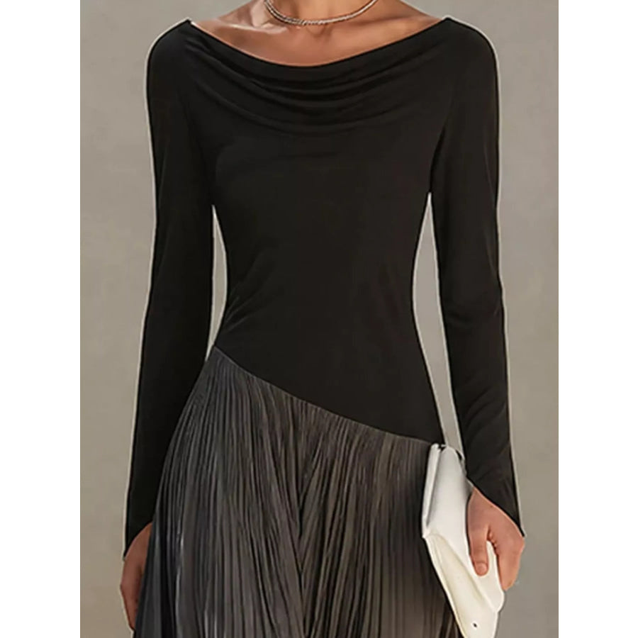 Asymmetric Pleated Boat Neck Maxi Dress Apparel and Accessories