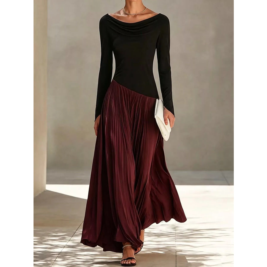 Asymmetric Pleated Boat Neck Maxi Dress Burgundy / S Apparel and Accessories