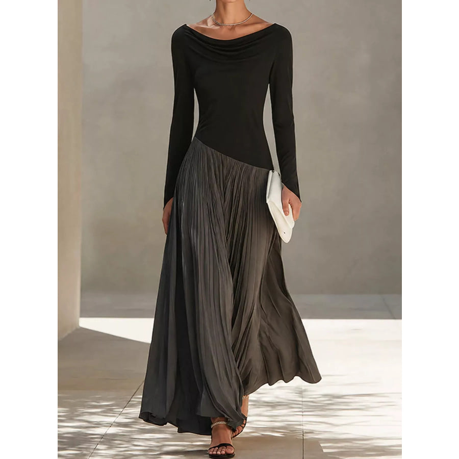 Asymmetric Pleated Boat Neck Maxi Dress Gray / S Apparel and Accessories