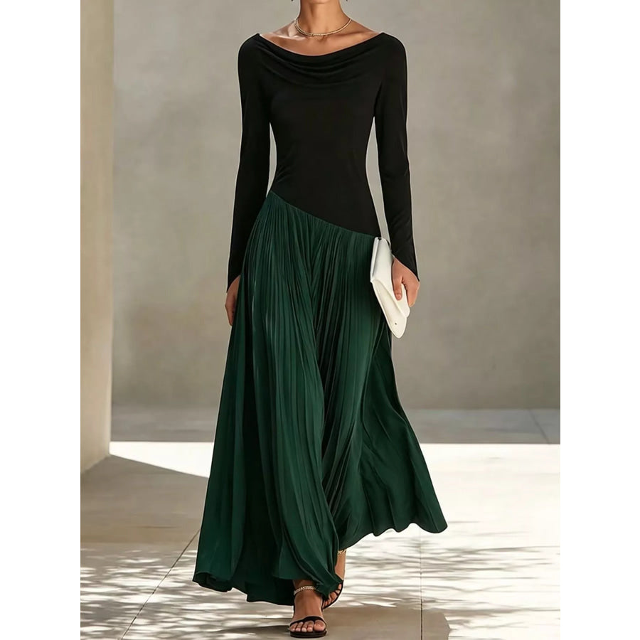 Asymmetric Pleated Boat Neck Maxi Dress Green / S Apparel and Accessories