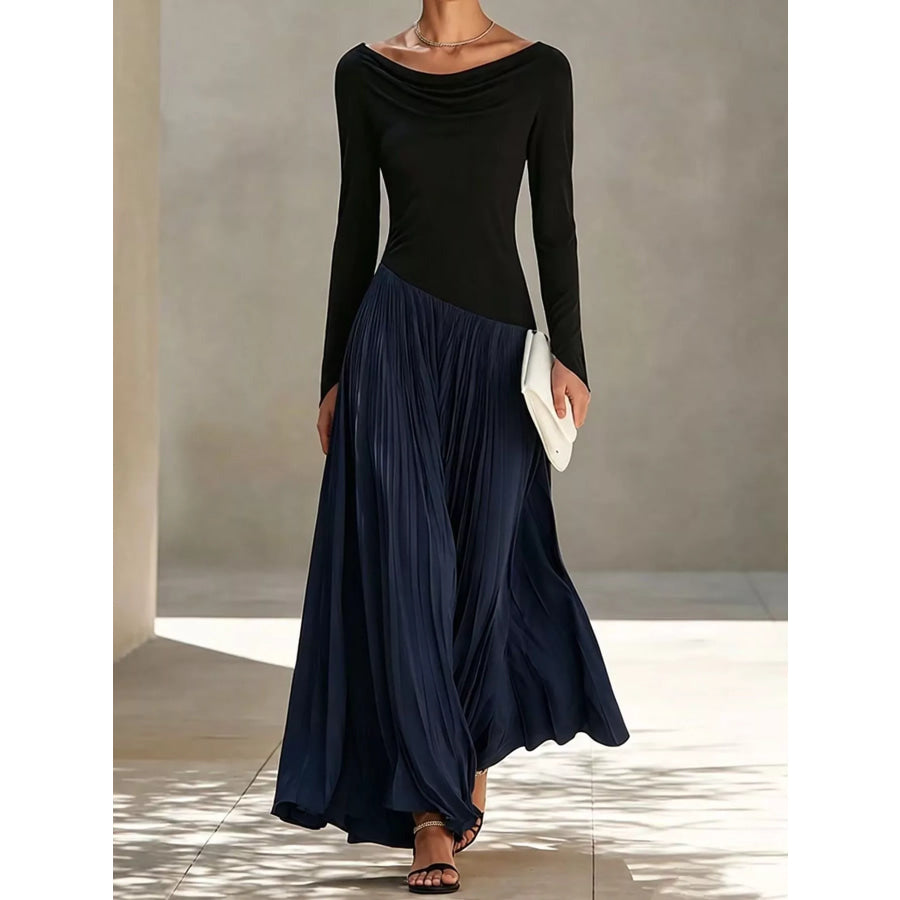 Asymmetric Pleated Boat Neck Maxi Dress Navy / S Apparel and Accessories