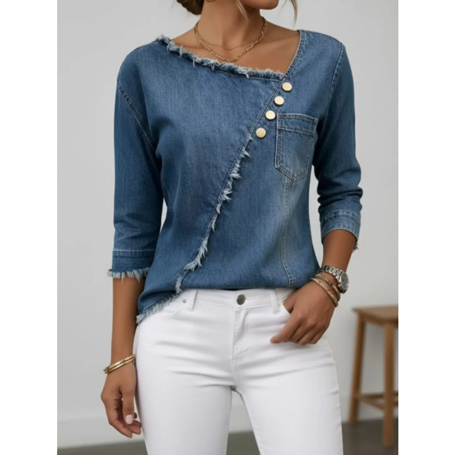 Asymmetric Raw-Edge Button-Detail Denim Top Navy Blue / S
