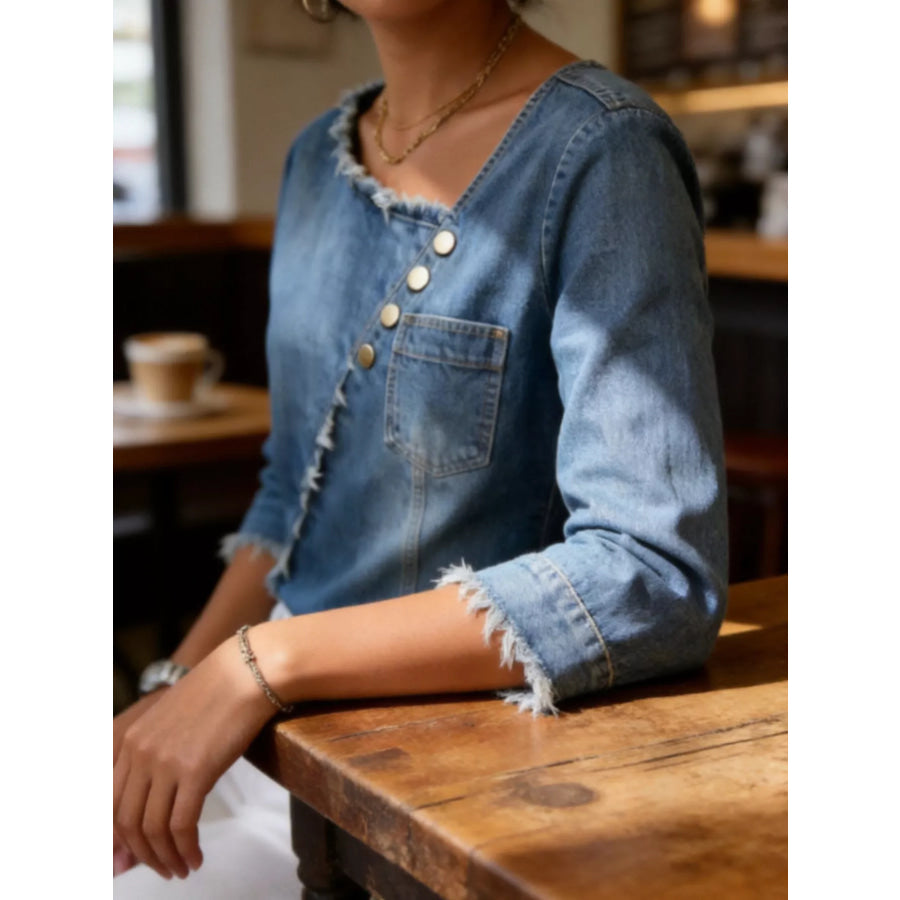Asymmetric Raw-Edge Button-Detail Denim Top