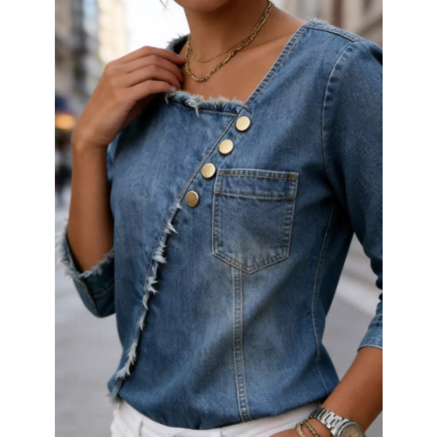 Asymmetric Raw-Edge Button-Detail Denim Top