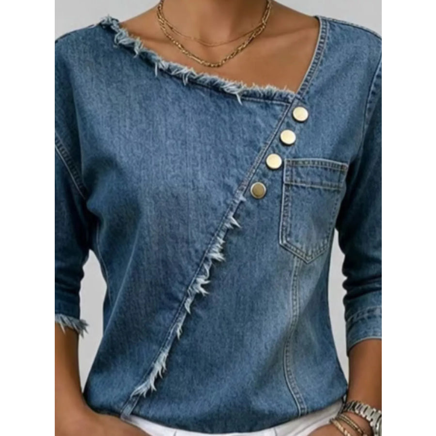 Asymmetric Raw-Edge Button-Detail Denim Top