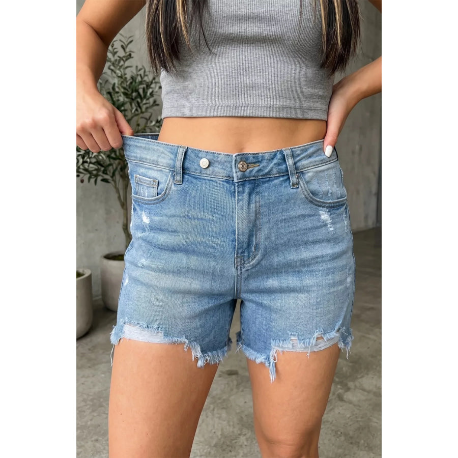 Asymmetric Raw Hem Distressed Whiskery Denim Shorts Apparel and Accessories