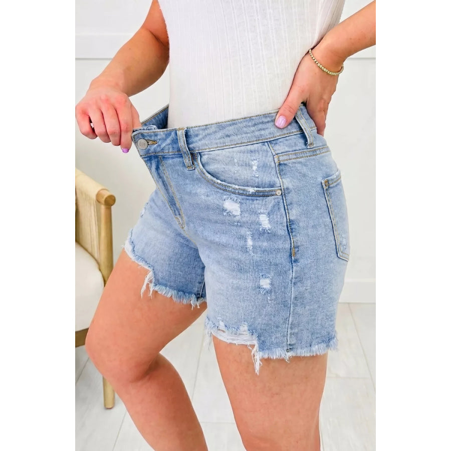 Asymmetric Raw Hem Distressed Whiskery Denim Shorts Apparel and Accessories