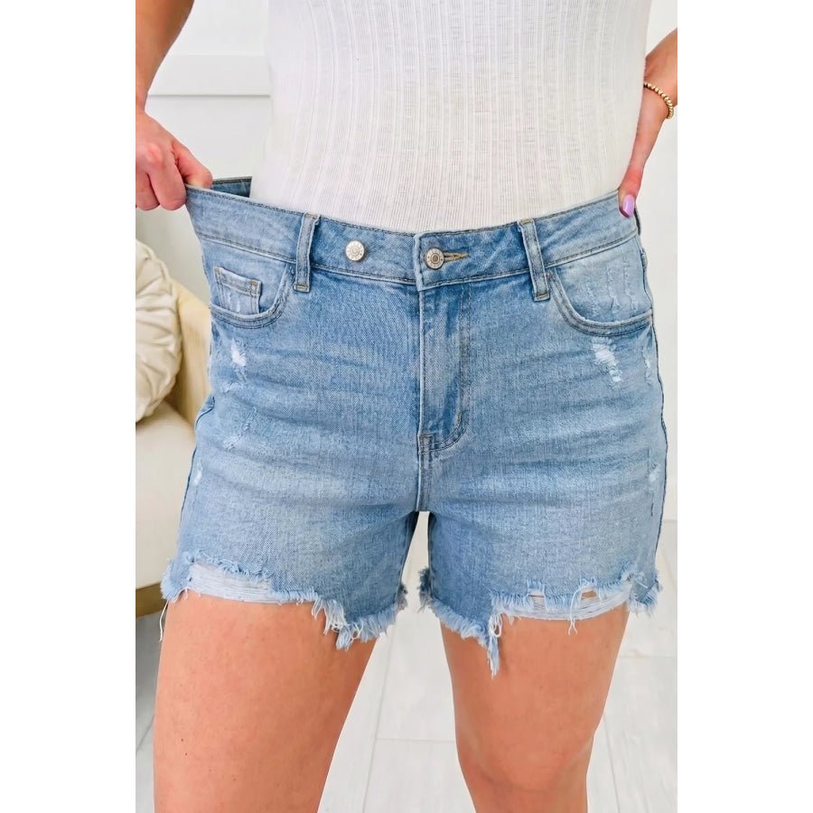 Asymmetric Raw Hem Distressed Whiskery Denim Shorts Medium / 4 Apparel and Accessories