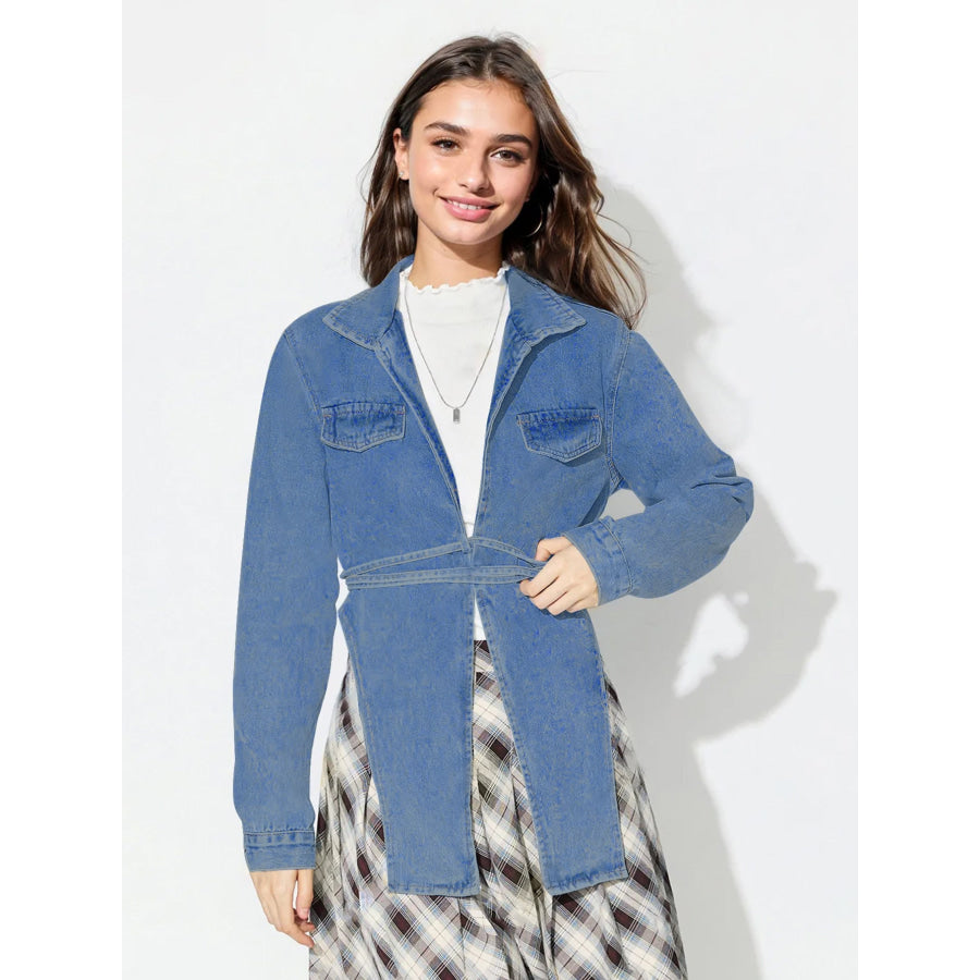 Asymmetric Slit Collared Neck Long Denim Top Apparel and Accessories