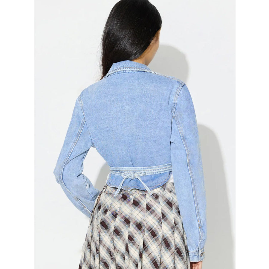 Asymmetric Slit Collared Neck Long Denim Top Apparel and Accessories