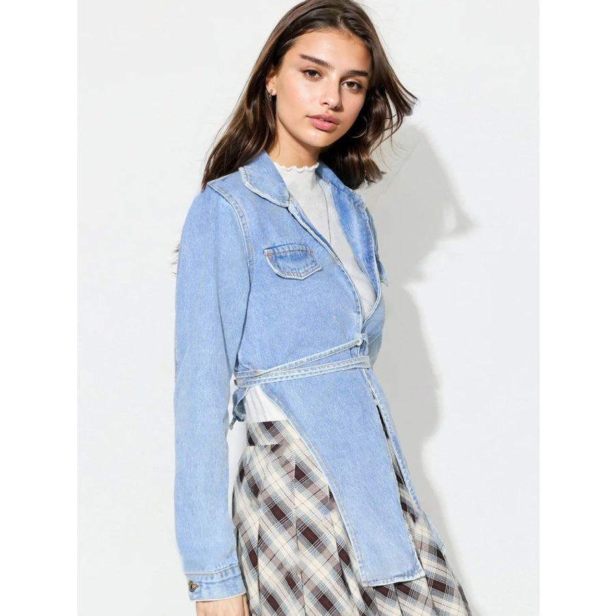 Asymmetric Slit Collared Neck Long Denim Top Apparel and Accessories