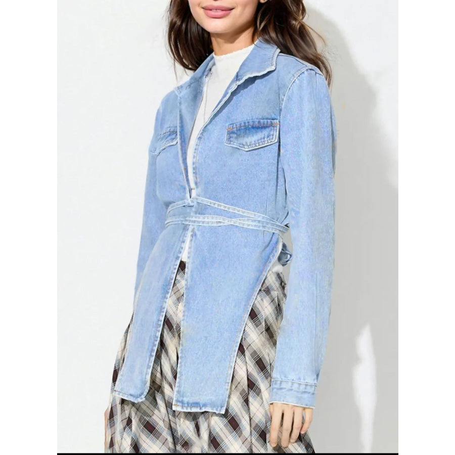 Asymmetric Slit Collared Neck Long Denim Top Apparel and Accessories