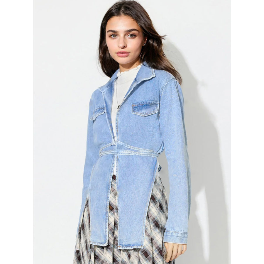 Asymmetric Slit Collared Neck Long Denim Top Apparel and Accessories