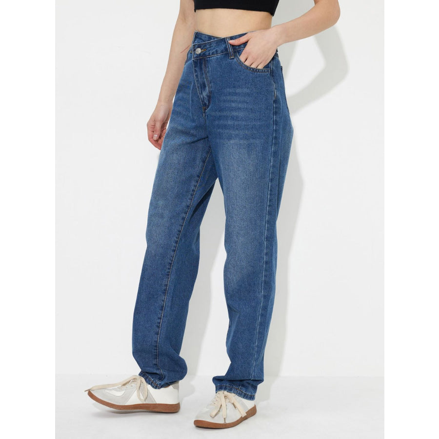 Asymmetric Waist Jeans with Pockets Apparel and Accessories