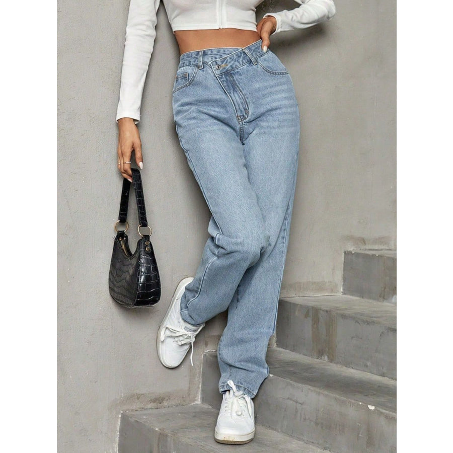 Asymmetric Waist Jeans with Pockets Apparel and Accessories