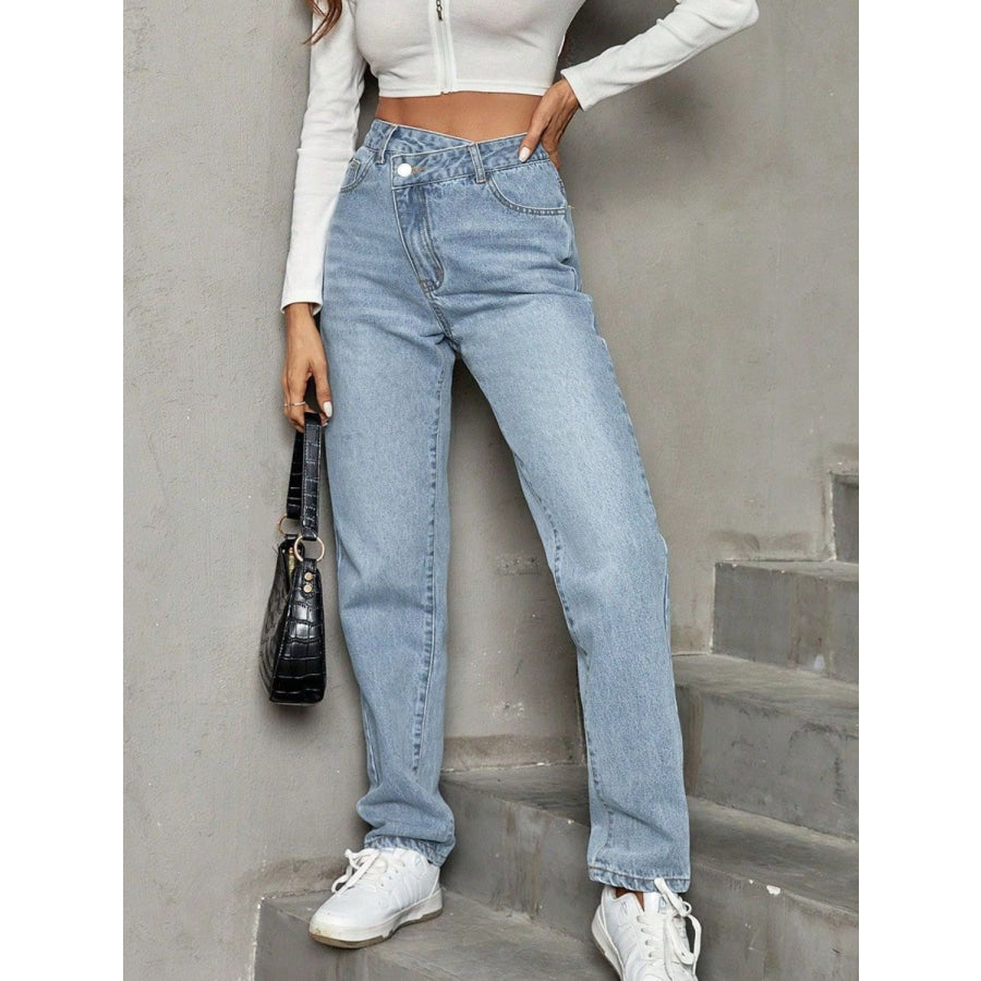 Asymmetric Waist Jeans with Pockets Apparel and Accessories