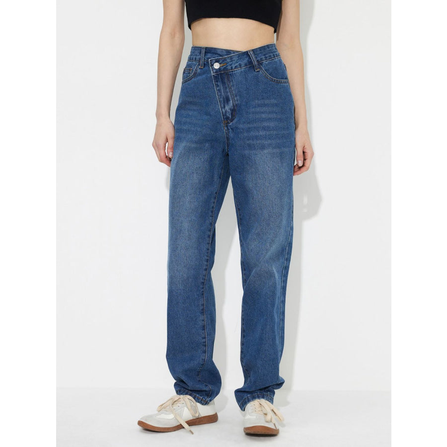 Asymmetric Waist Jeans with Pockets Apparel and Accessories