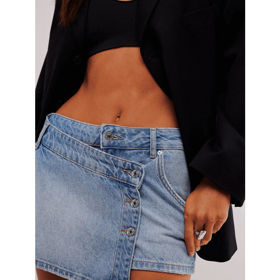 Asymmetrical Button-Front Denim Skort Blue / S Apparel and Accessories
