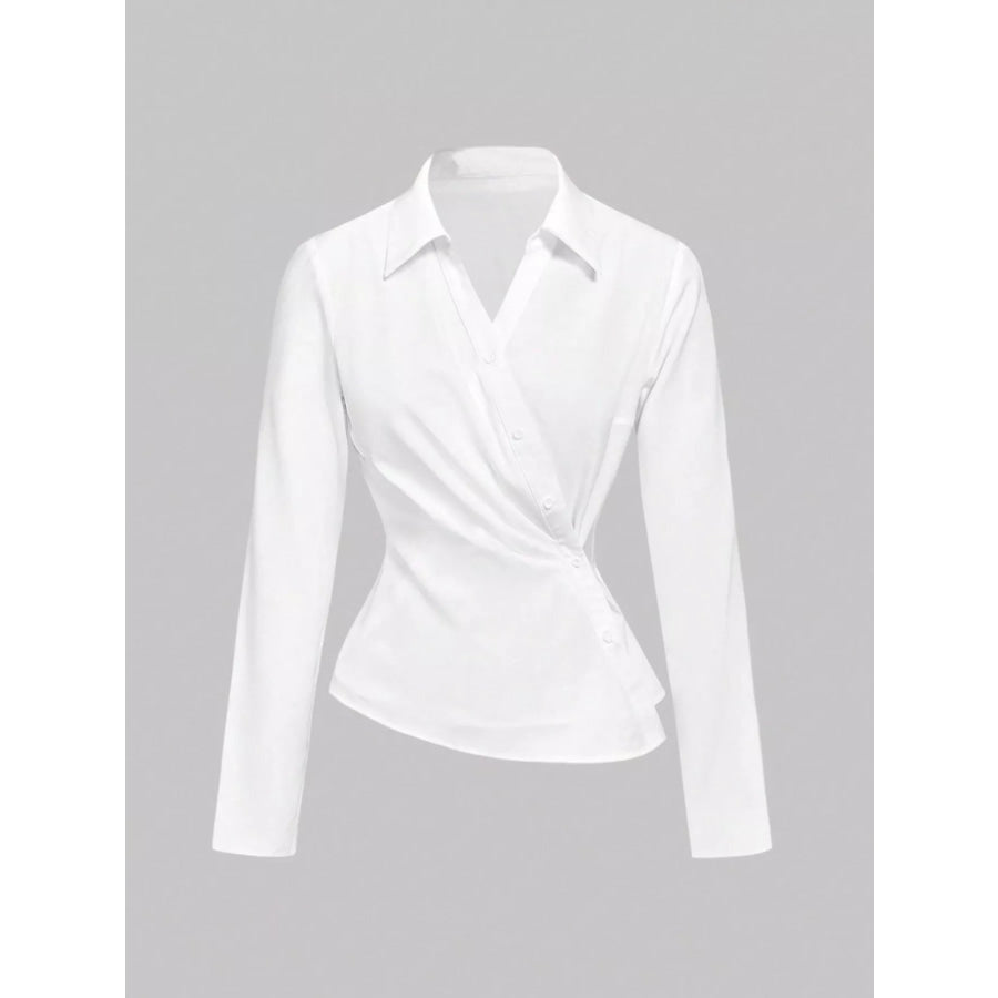 Asymmetrical Button Long Sleeve Shirt White / S Apparel and Accessories