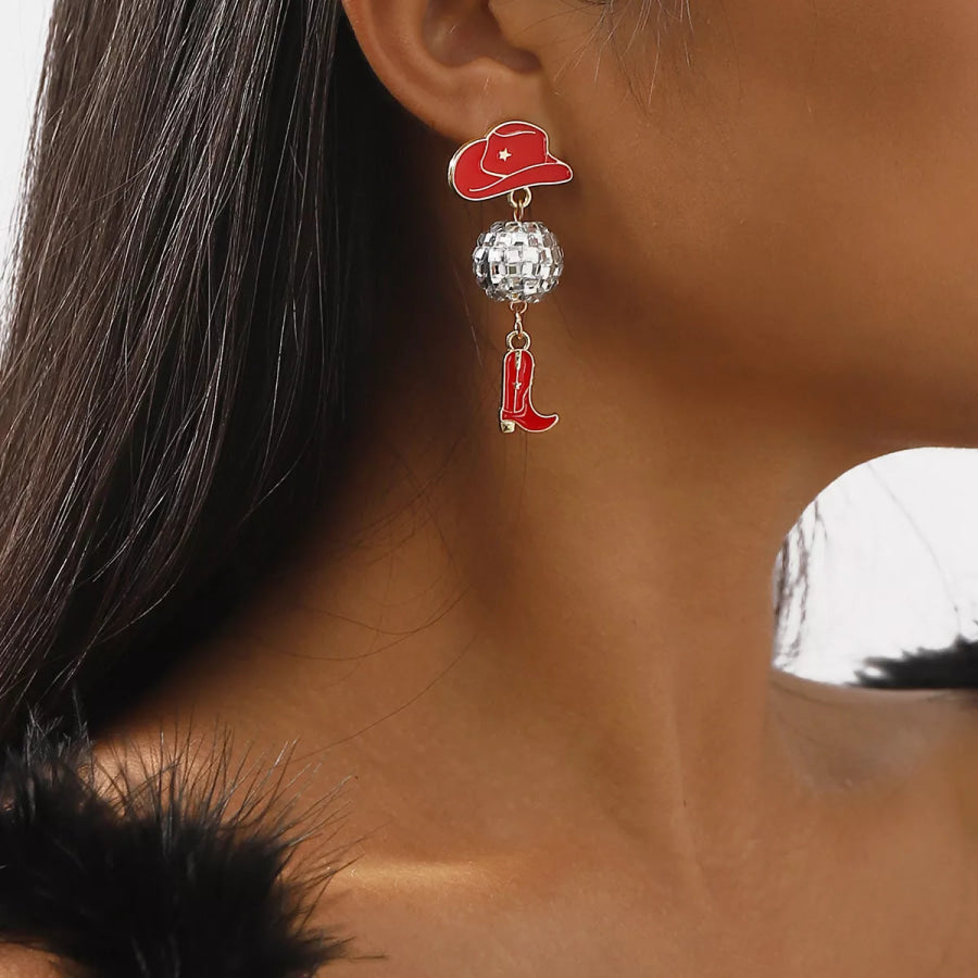 Asymmetrical Cowgirl Boot Hat Ball Dangle Earrings Apparel and Accessories
